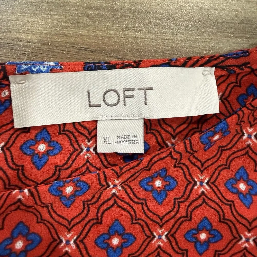 LOFT Plus Red Blue Floral Print Career Blouse Red Women Size XL Long Sleeve